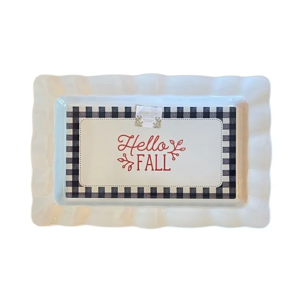 Shabby Chic Fluted Edge Gingham Border Hello Fall Melamine Serving Tray NWT